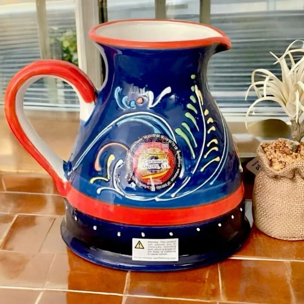 NWT Cerámicas Anoru S.L. Blue Red Hand Painted Ceramic Pitcher Made in Spain